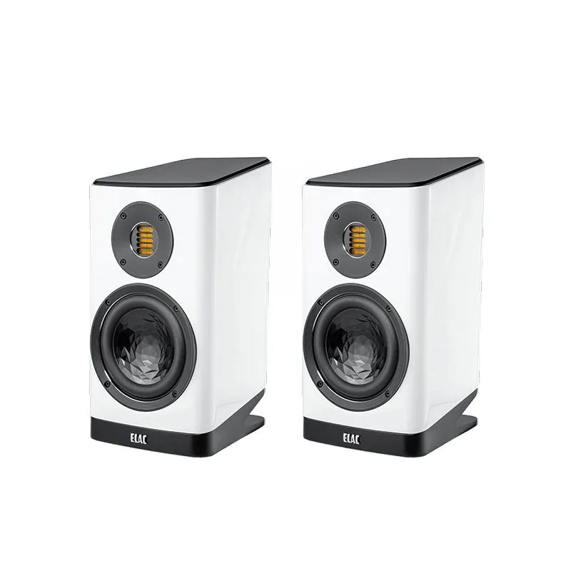 Boxe Elac Vela BS 403.2 albe, vedere frontală, cu difuzor de bass și tweeter vizibile pe ambele unități.