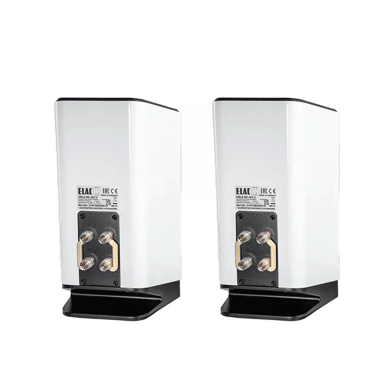 Spate boxe Elac Vela BS 403.2 alb lucios, conexiuni bi-wire/bi-amp vizibile, terminale aurite.