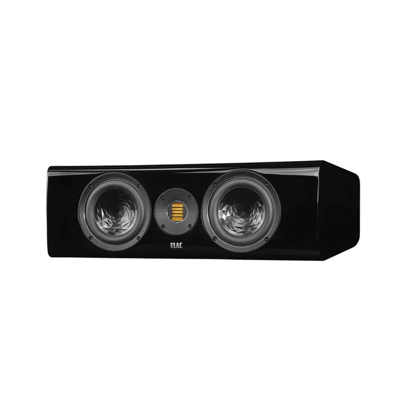 Boxă centrală Elac Vela CC 401.2 negru lucios, vedere frontală cu două difuzoare midbass și tweeter AMT.