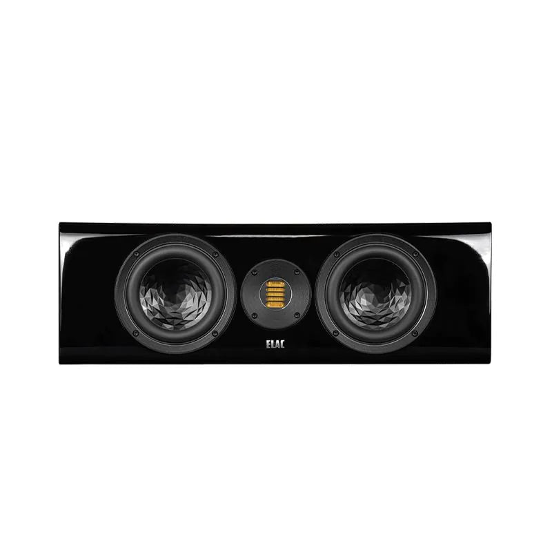 Boxă centrală Elac Vela CC 401.2 negru lucios, vedere frontală cu două difuzoare midbass și tweeter AMT.
