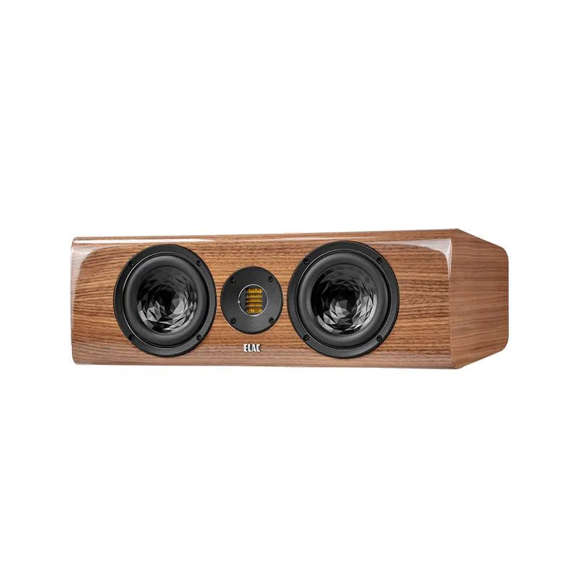 Boxă centrală Elac Vela CC 401.2 finisaj lemn, vedere frontală cu două difuzoare și tweeter AMT vizibile.
