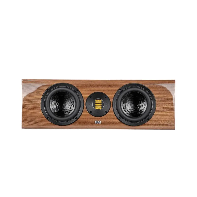 Boxă centrală Elac Vela CC 401.2, vedere frontală, finisaj nuc, cu două difuzoare midbass și tweeter AMT.