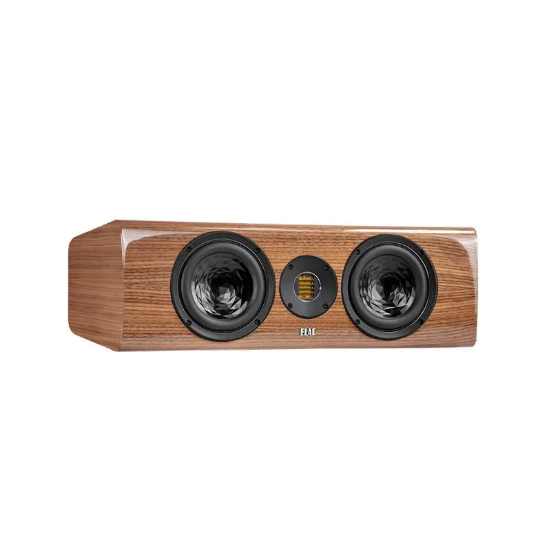 Boxă centrală Elac Vela CC 401.2 finisaj walnut, vedere frontală cu două woofere și tweeter AMT vizibile.