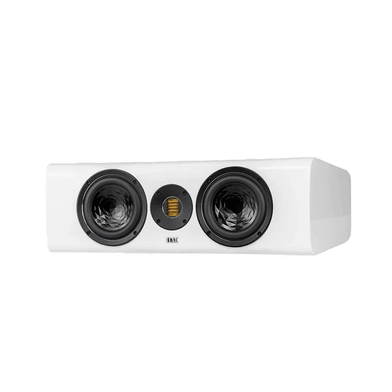Boxa centru Elac Vela CC 401.2 albă, vedere frontală cu două woofere și tweeter AMT central vizibile.