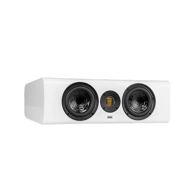 Boxă centrală Elac Vela CC 401.2 albă, vedere frontală cu două difuzoare medii și tweeter AMT central.