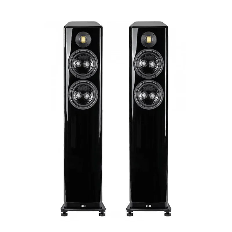 Boxe de podea Elac Vela FS 408.2 negre, vedere frontală, cu două difuzoare midbass și un tweeter AMT.