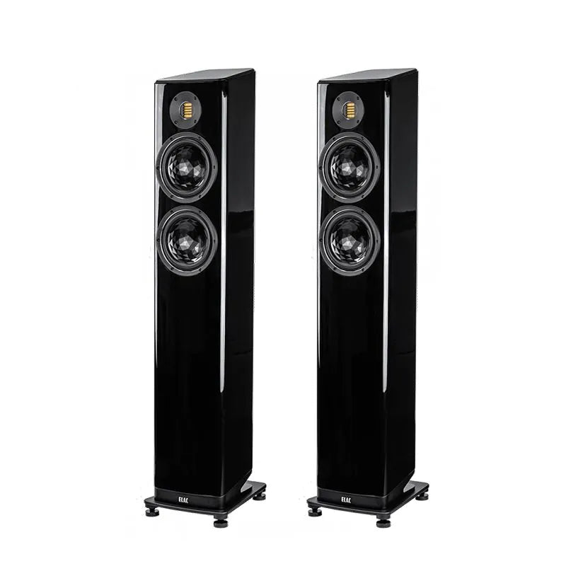 Boxe de podea Elac Vela FS 408.2 negre, vedere frontală, două difuzoare midbass și tweeter AMT vizibile.#color_black