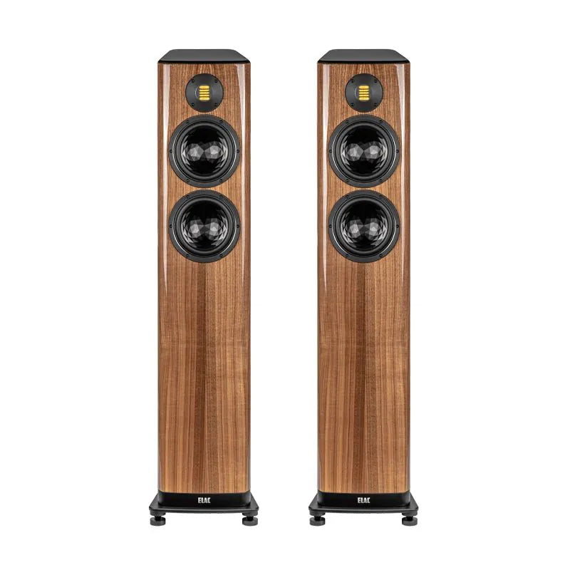 Boxe de podea Elac Vela FS 408.2 culoare walnut, vedere frontală cu două difuzoare midbass și un tweeter.