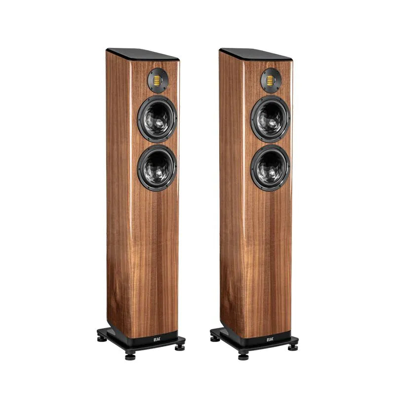 Boxe de podea Elac Vela FS 408.2 finisaj nuc, vedere frontală, 2 difuzoare midbass și tweeter AMT.