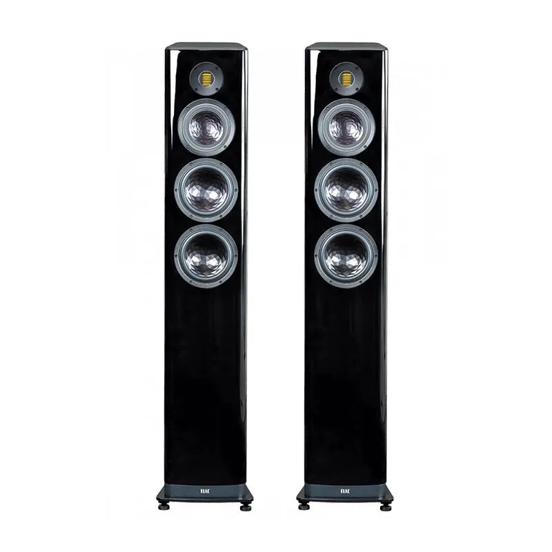 Boxe de podea Elac Vela FS 409.2 negre, vedere frontală, 4 difuzoare vizibile inclusiv ribbon tweeter.