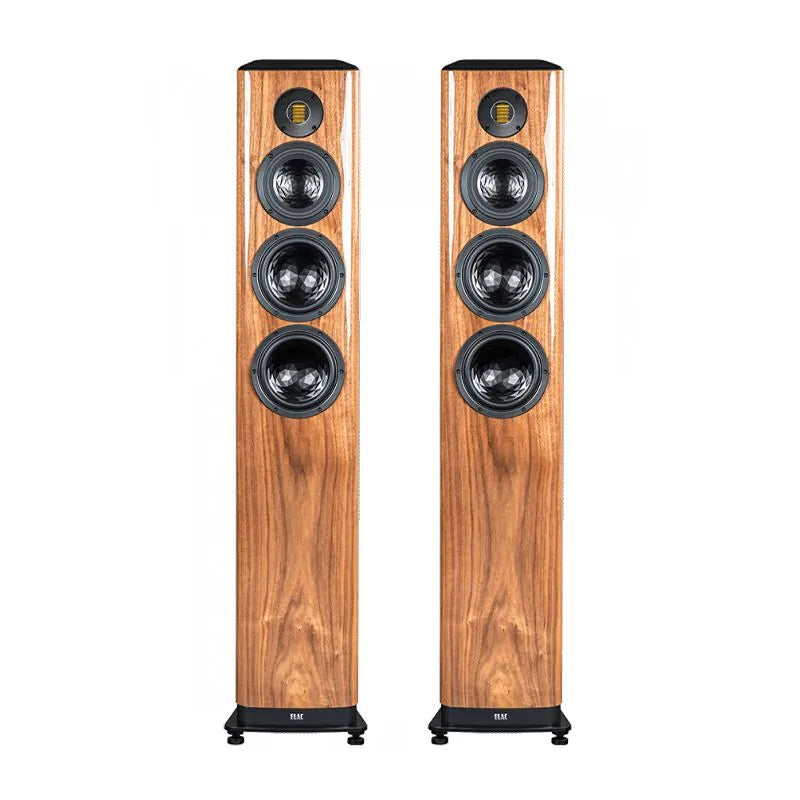 Boxe de podea Elac Vela FS 409.2 finisaj walnut, vedere frontală, 4 difuzoare vizibile pe fiecare unitate.