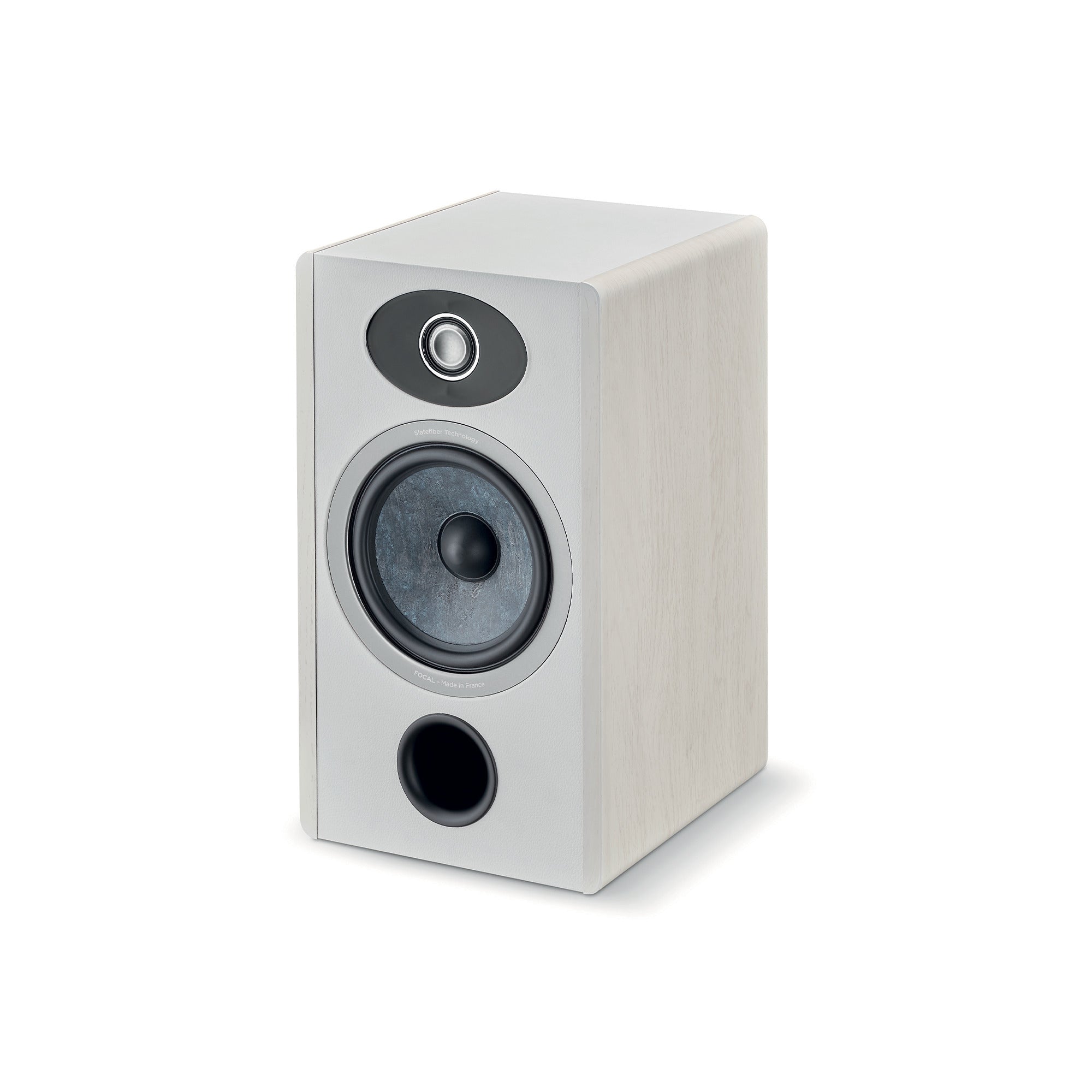 Boxă Focal VESTIA N°1, vedere laterală stânga, finisaj alb, tweeter și woofer vizibile, port bass reflex.
