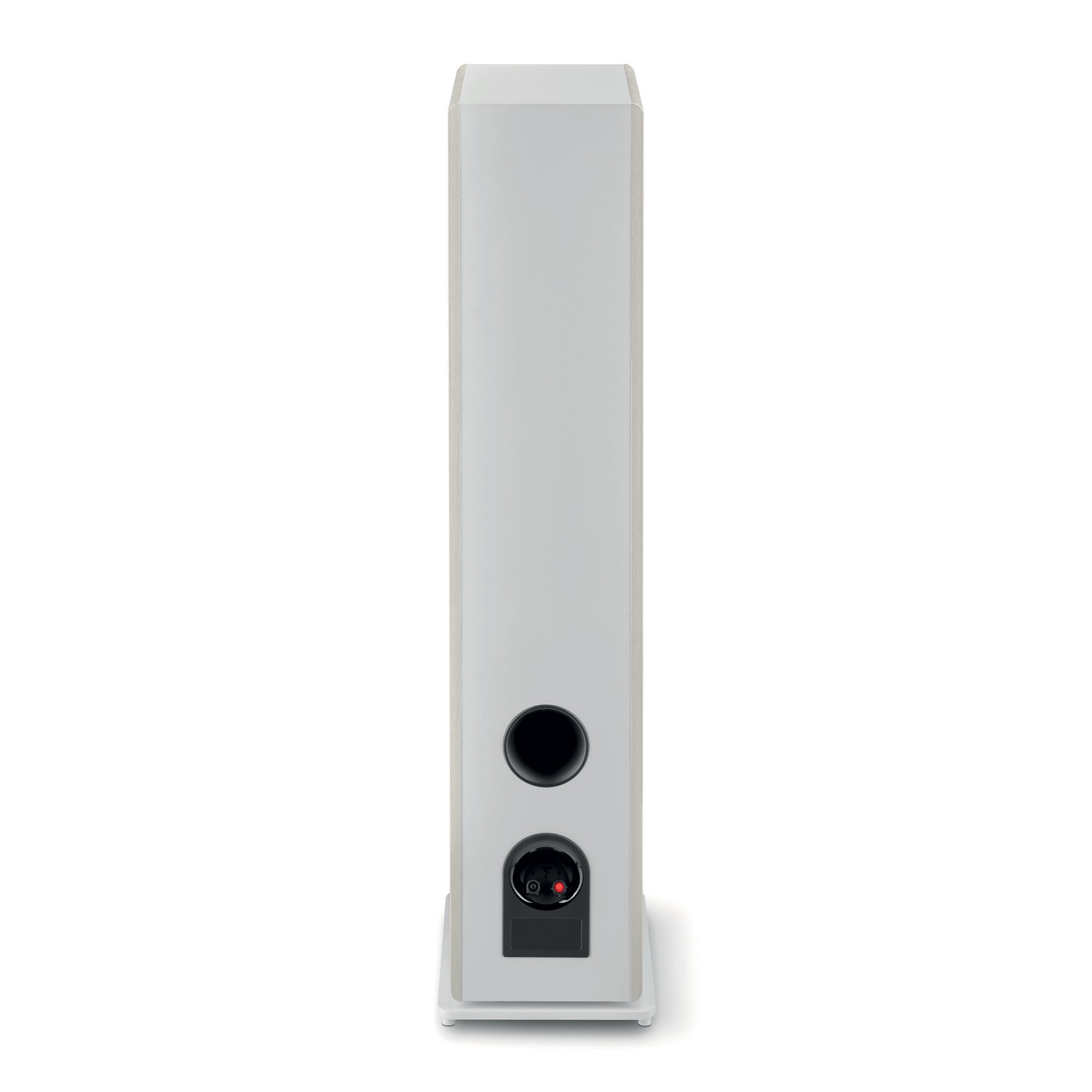 Boxa Focal VESTIA N°3, vedere din spate, albă, cu port bass reflex și conectori pentru cabluri audio.