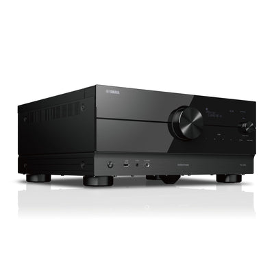 Yamaha RX-A6A Receiver AV, vedere din stânga față, negru, afișaj frontal, butoane de control și porturi USB vizibile.