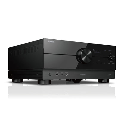 Yamaha RX-A6A Receiver AV, vedere din stânga față, negru, afișaj frontal, butoane de control și porturi USB vizibile.