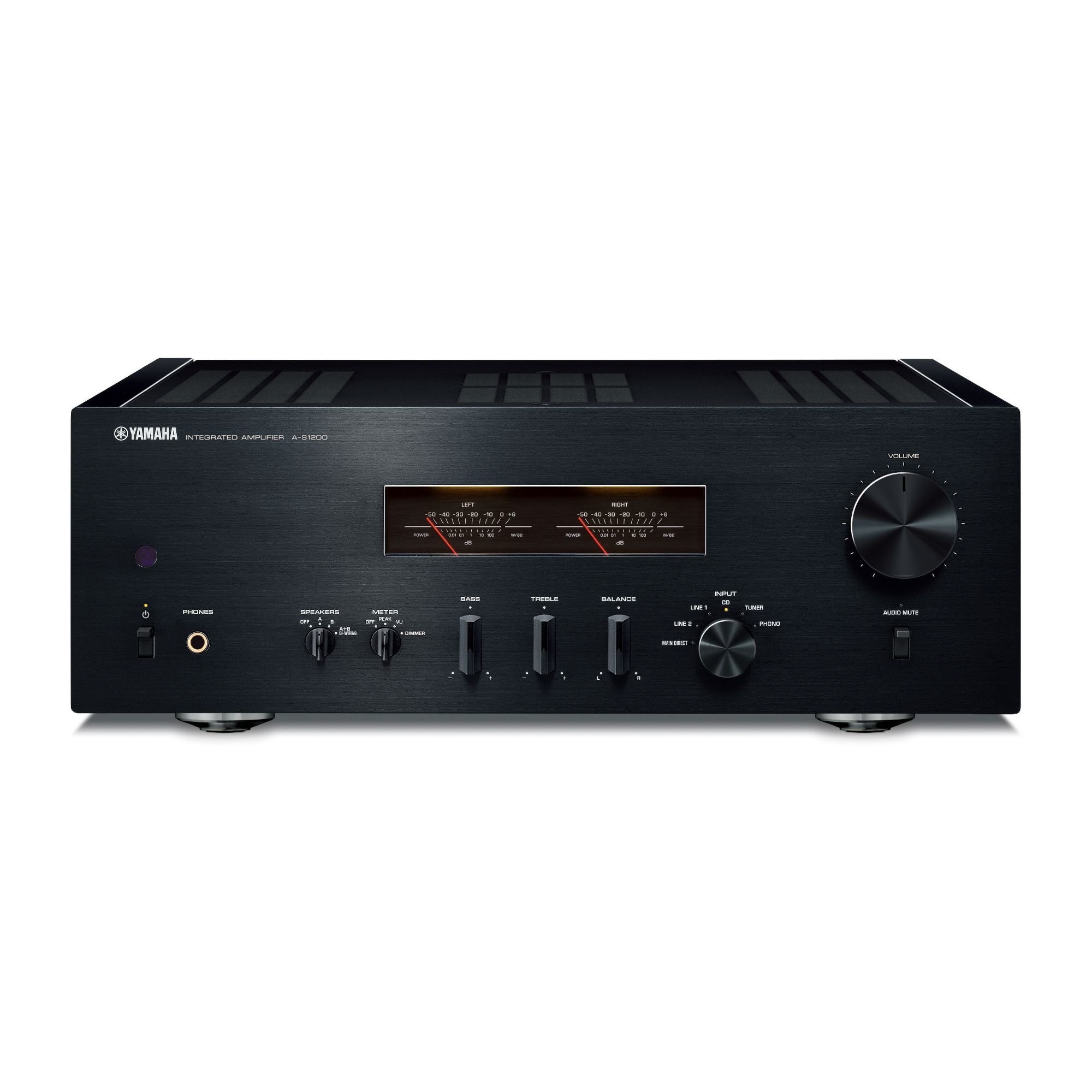 Amplificator Yamaha A-S1200 negru, vedere frontală. Afișaj cu ace, controale volum, bas, înalte și balans.#color_black