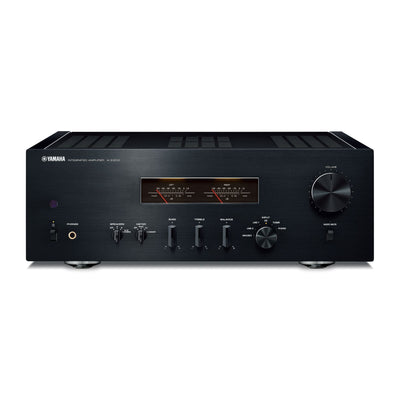 Amplificator Yamaha A-S1200 negru, vedere frontală. Afișaj cu ace, controale volum, bas, înalte și balans.