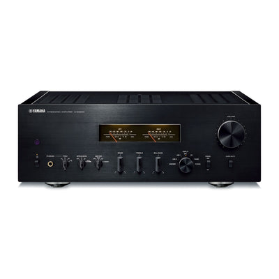 Yamaha A-S2200 Amplificator negru, vedere frontală, afișaj VU, comenzi volum și ton, intrări audio vizibile.