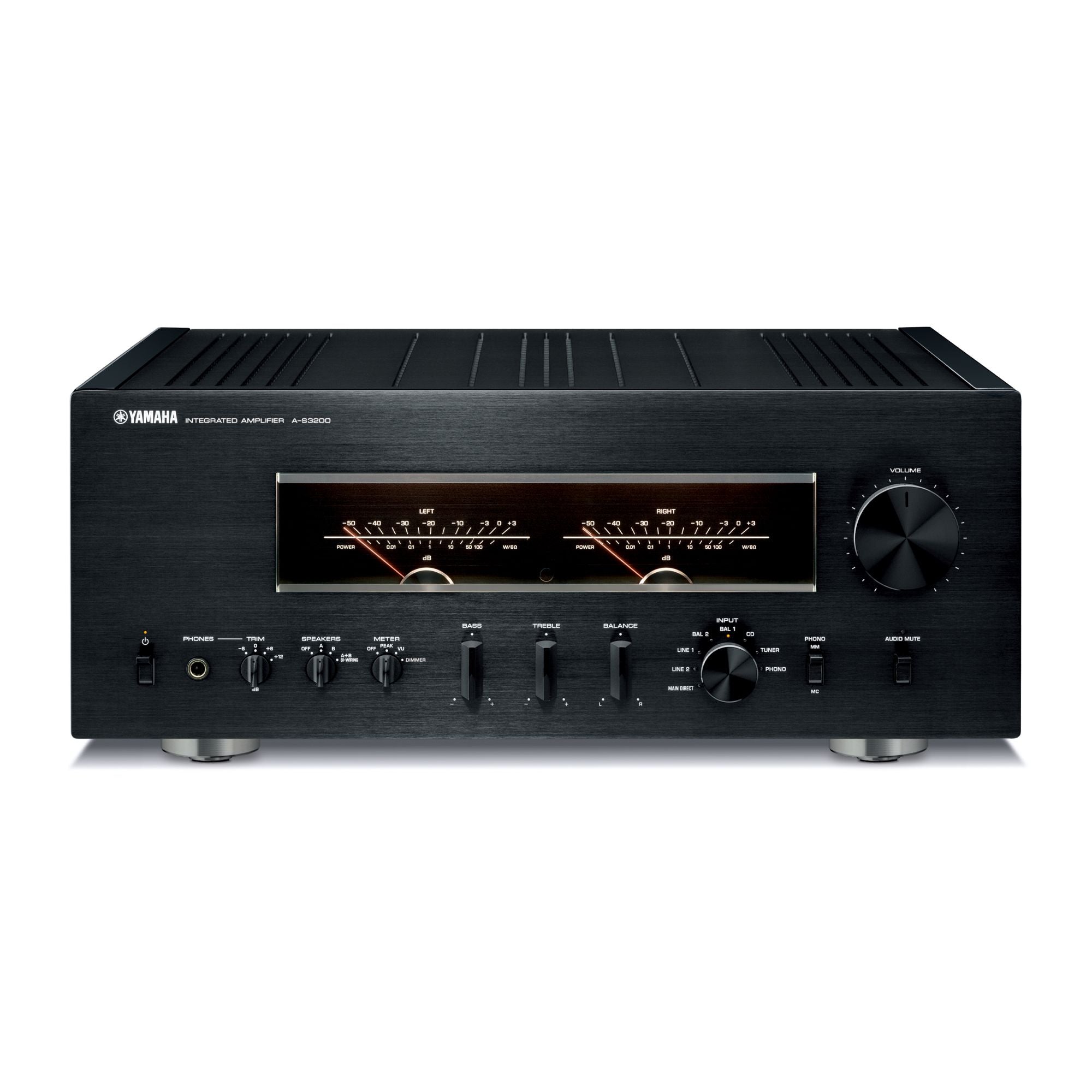 Yamaha A-S3200 Amplificator, negru, vedere frontală. Afișaj cu indicatori, control volum, intrări audio.#color_black