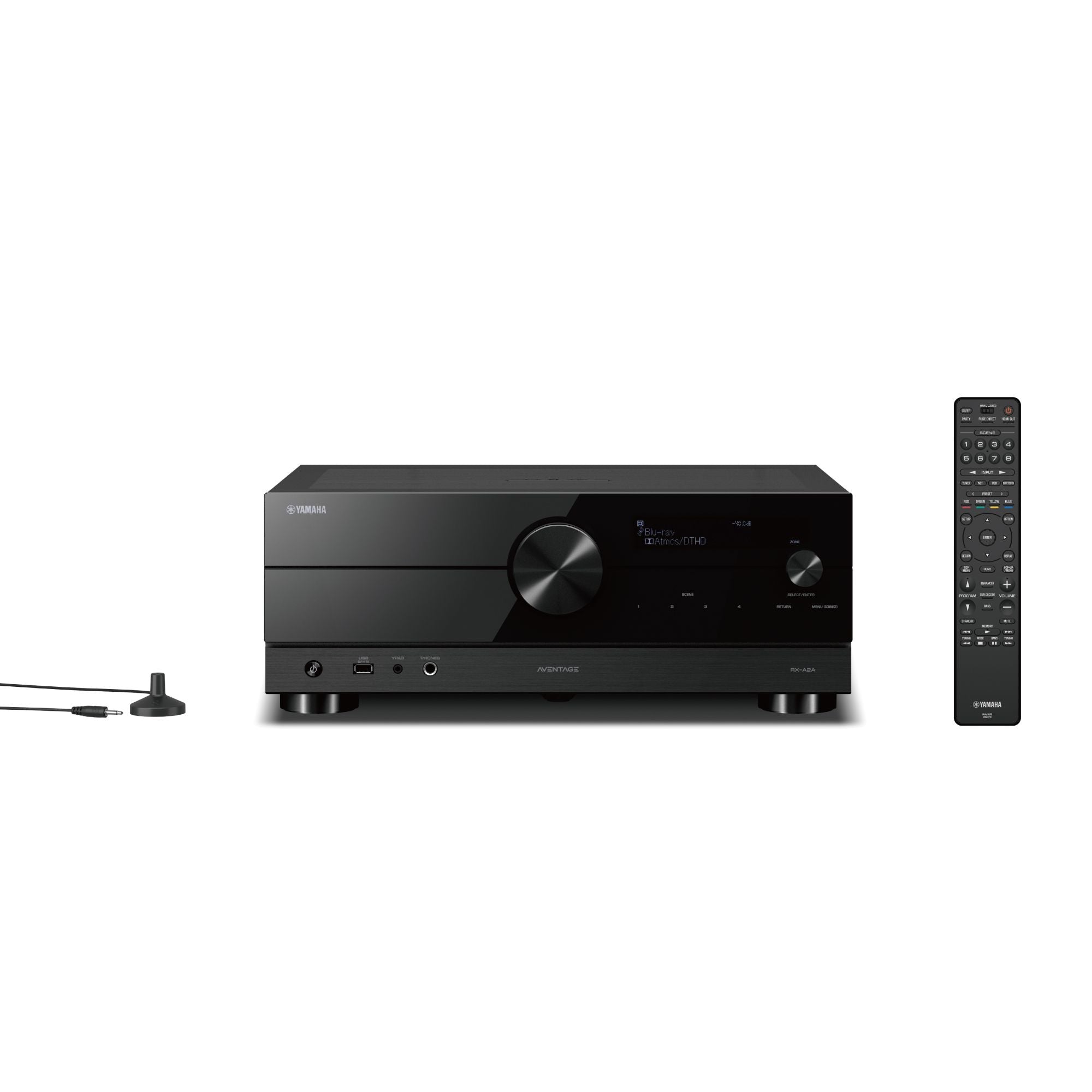 Receiver AV Yamaha RX-A2A, față neagră, afișaj digital central, buton volum mare, telecomandă inclusă.
