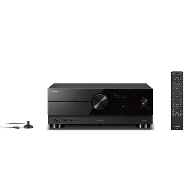 Receiver AV Yamaha RX-A2A, față neagră, afișaj digital central, buton volum mare, telecomandă inclusă.
