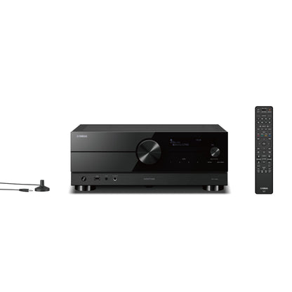 Receiver AV Yamaha RX-A2A, față neagră, afișaj digital central, buton volum mare, telecomandă inclusă.