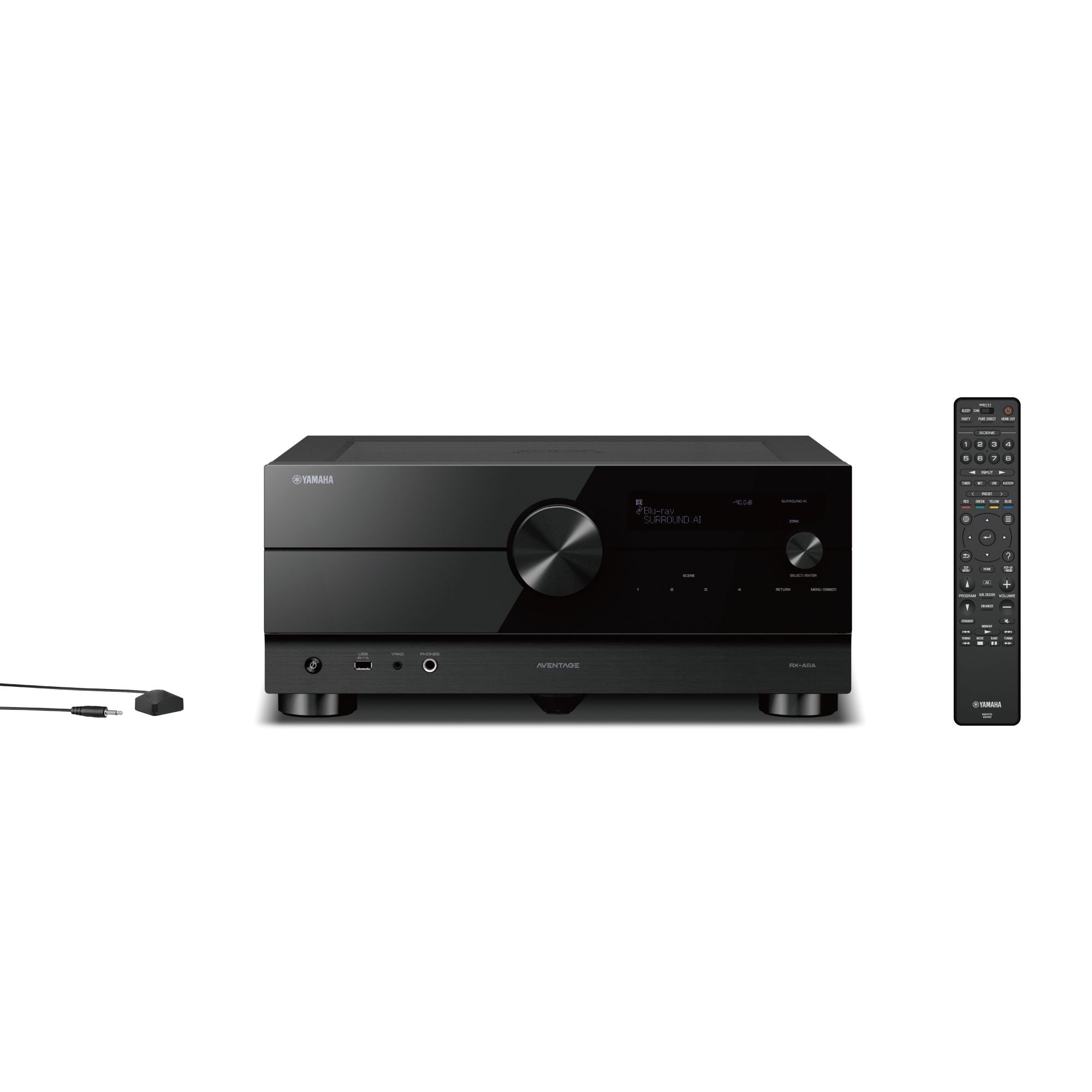 Receptor AV Yamaha RX-A6A, vedere frontală, culoare neagră, afișaj iluminat, buton volum central, incluzând telecomandă și cablu auxiliar.