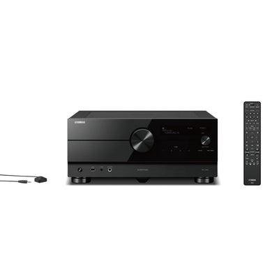 Receptor AV Yamaha RX-A8A negru, vedere frontală, afișând butonul mare de volum și telecomanda inclusă.