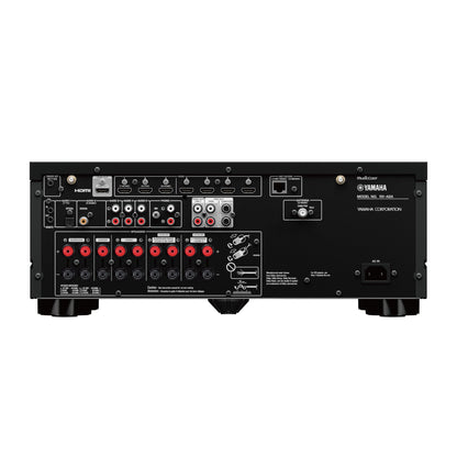 Spatele receiverului Yamaha RX-A2A negru, cu porturi HDMI, audio, ieșiri boxe și conexiune antenă.