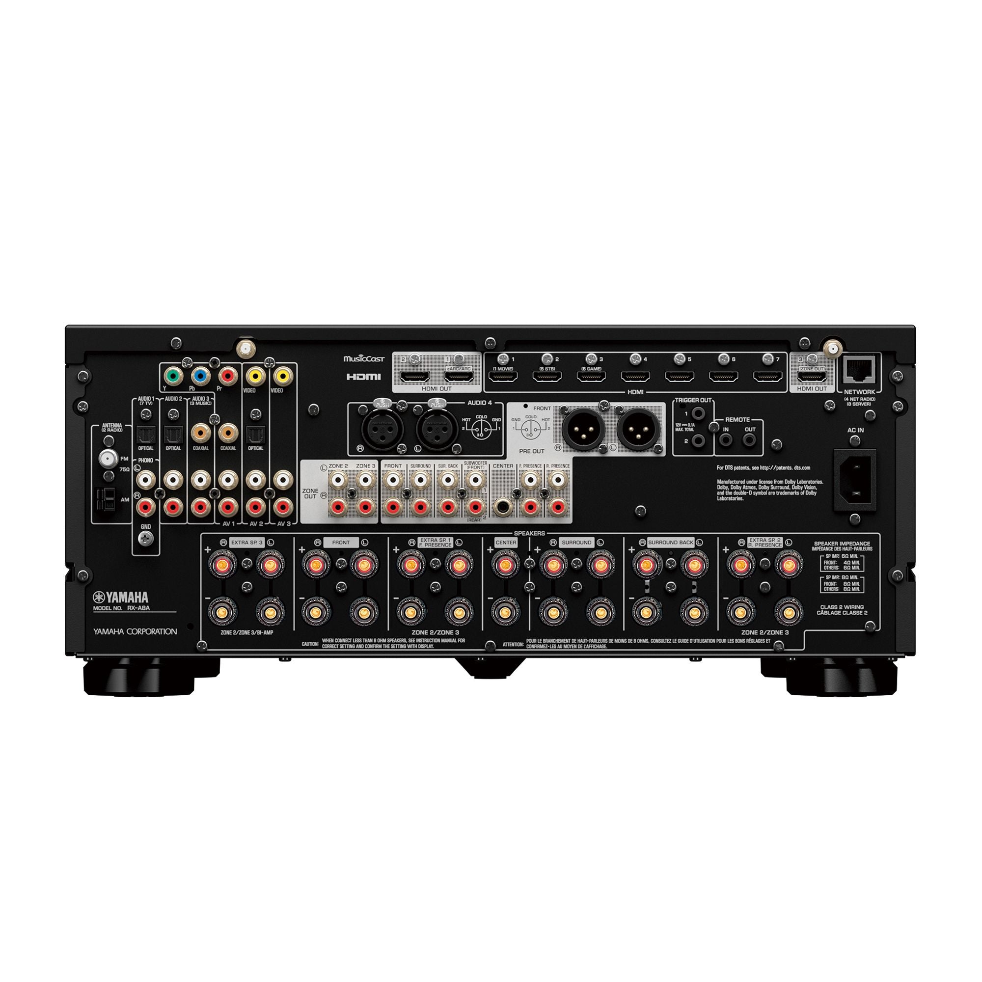 Spatele receptorului AV Yamaha RX-A8A negru, afișând multiple porturi HDMI, RCA și conexiuni de boxe.