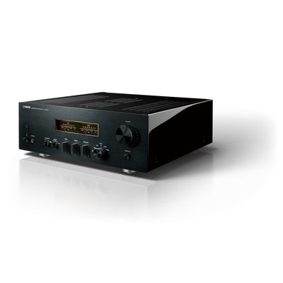 Yamaha A-S1200 Amplificator, vedere din dreapta-față, negru, cu butoane de control și indicatori de nivel.