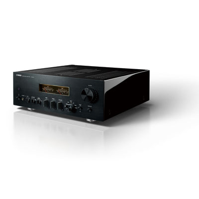 Yamaha A-S2200 Amplificator negru, vedere laterală dreapta. Afișaj VU, butoane control volum și ton.