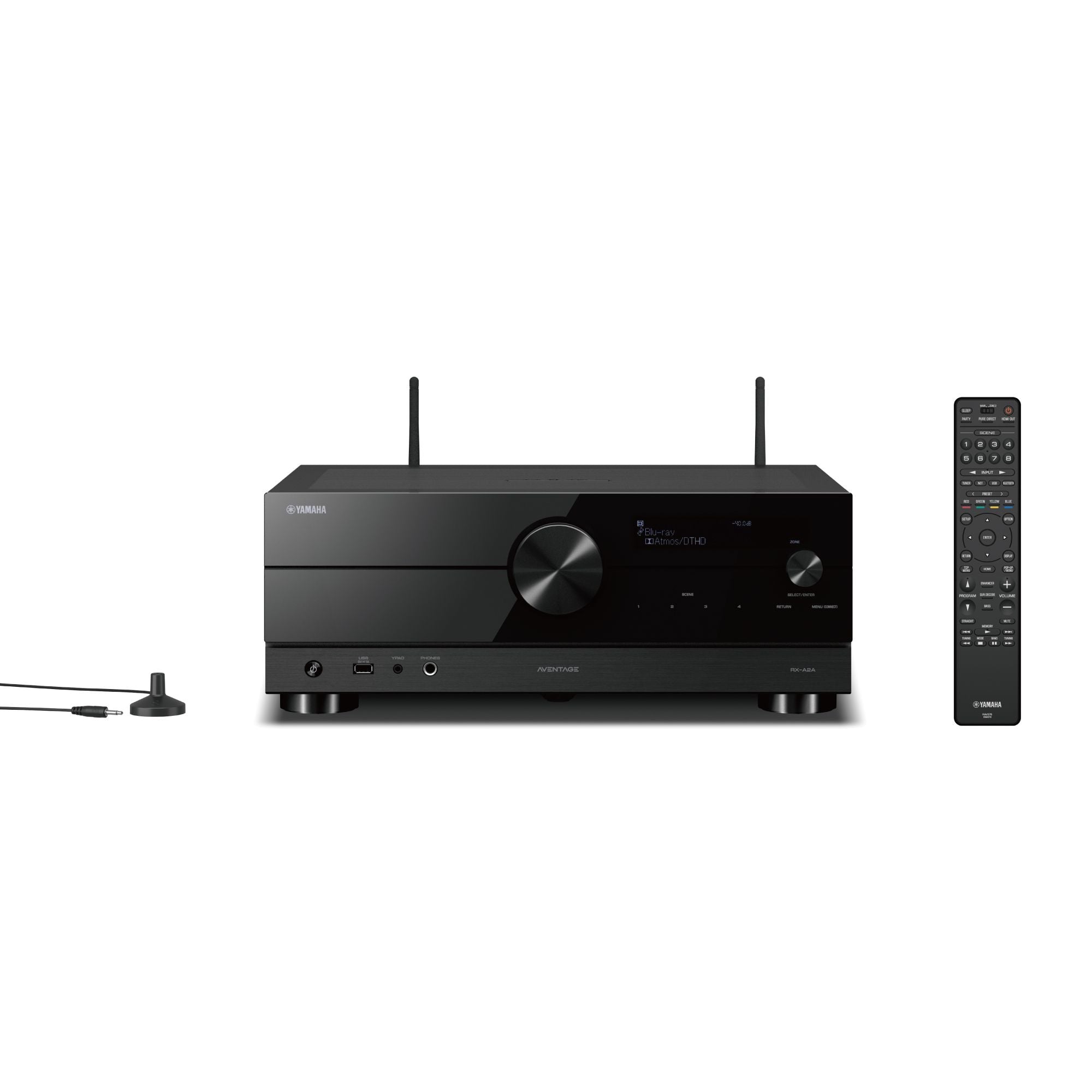 Receptor AV Yamaha RX-A2A negru, vedere frontală, afișaj digital, control volum, telecomandă inclusă.