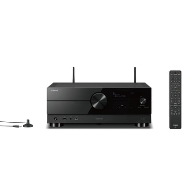Receptor AV Yamaha RX-A2A negru, vedere frontală, afișaj digital, control volum, telecomandă inclusă.
