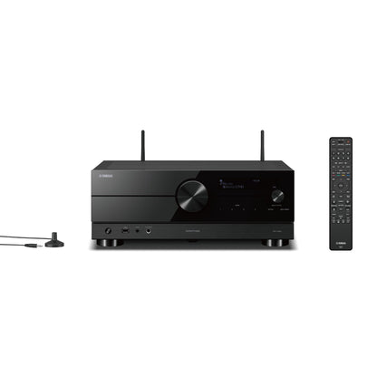 Receptor AV Yamaha RX-A2A negru, vedere frontală, afișaj digital, control volum, telecomandă inclusă.
