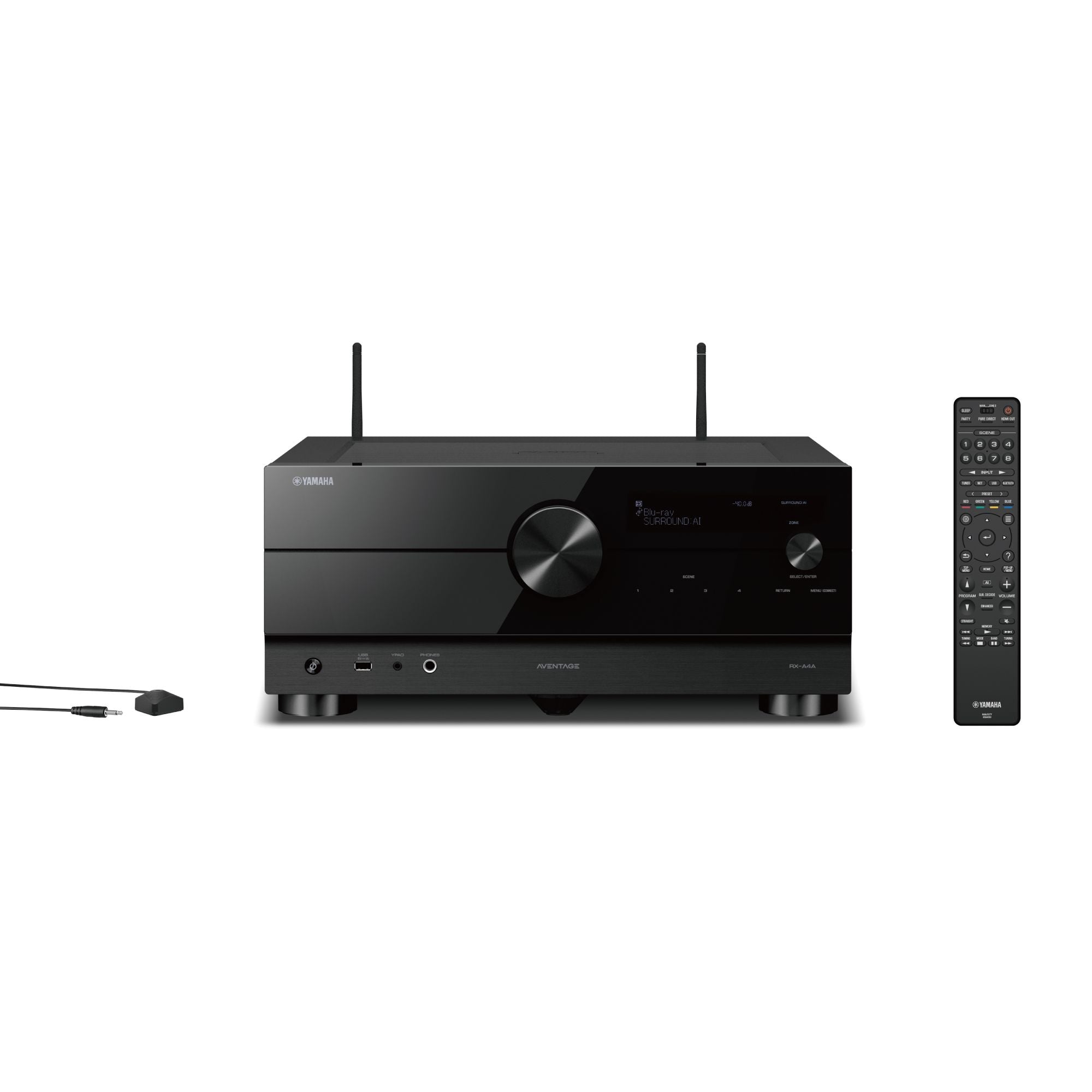 Yamaha RX-A4A Receiver AV vedere frontală, negru, cu telecomandă, mufe USB și audio vizibile.