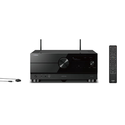 Yamaha RX-A4A Receiver AV vedere frontală, negru, cu telecomandă, mufe USB și audio vizibile.