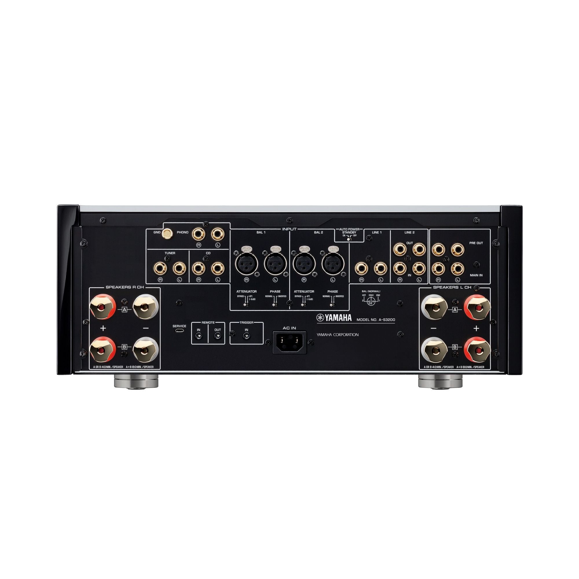 Spate negru Yamaha A-S3200 Amplificator, conectori RCA și XLR, terminale pentru boxe, intrare AC.