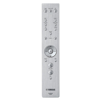 Telecomandă argintie pentru Yamaha A-S1200 Amplificator, butoane funcționale vizibile, vedere frontală.