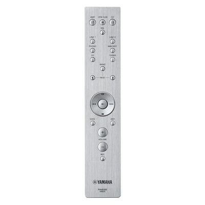 Telecomandă argintie pentru Yamaha A-S2200 Amplificator, afișând butoane de control audio detaliate.