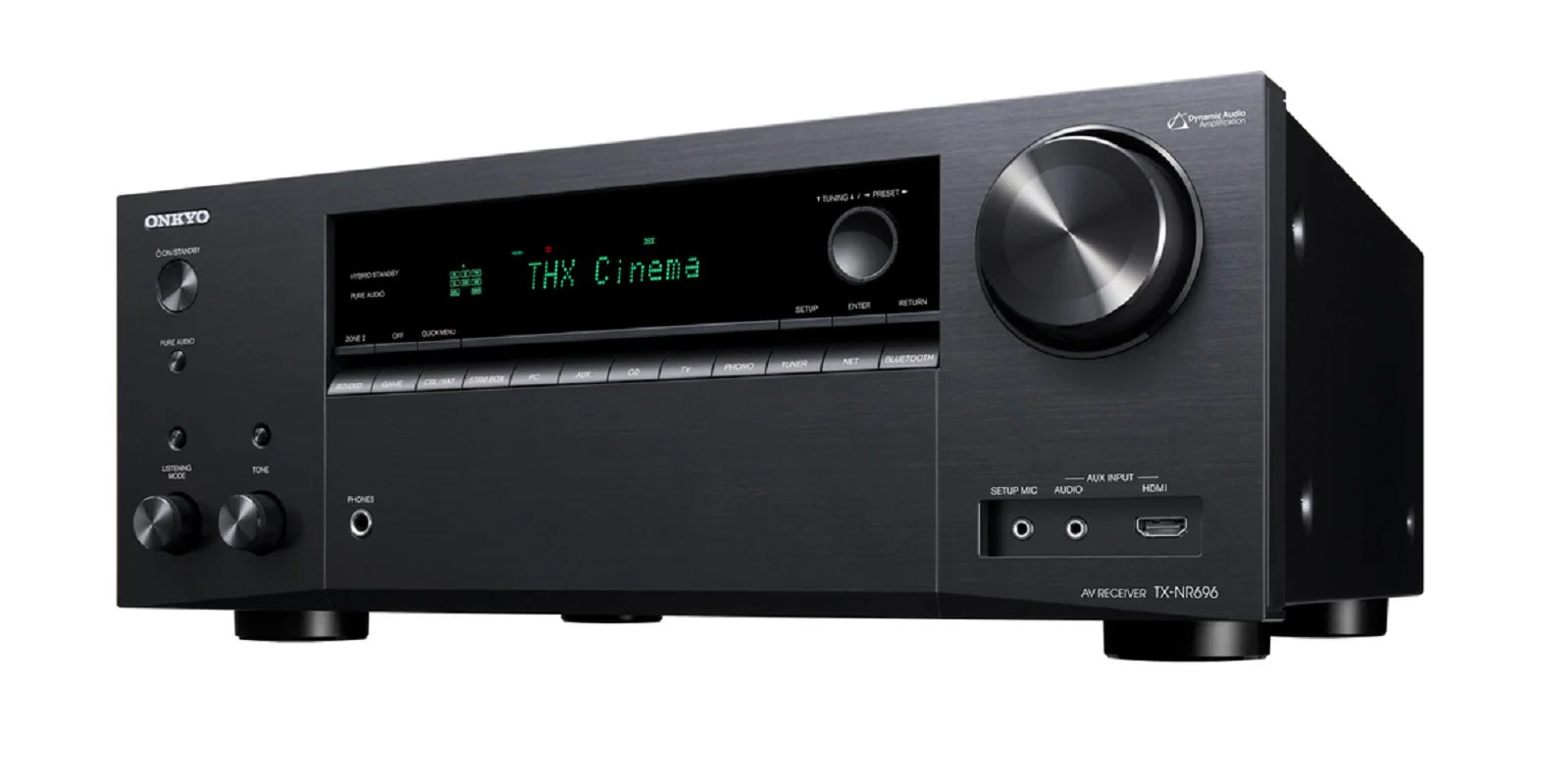 Receiver AV Onkyo TX-NR696 negru, vedere frontală-dreapta, afișaj THX Cinema, butoane, HDMI, AUX.