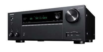 Receiver AV Onkyo TX-NR696 negru, vedere frontală-dreapta, afișaj THX Cinema, butoane, HDMI, AUX.