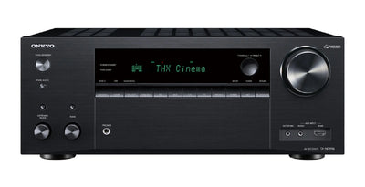 Receiver AV Onkyo TX-NR696 negru, vedere frontală cu afișaj THX, butoane sursă, intrări HDMI și AUX.