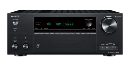 Receiver AV Onkyo TX-NR696 negru, vedere frontală cu afișaj THX, butoane sursă, intrări HDMI și AUX.