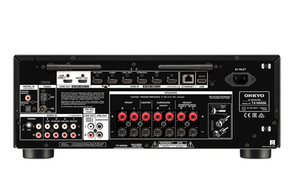 Spate receptor AV Onkyo TX-NR696 negru, conectori HDMI, USB, Ethernet, ieșiri boxe și audio RCA.