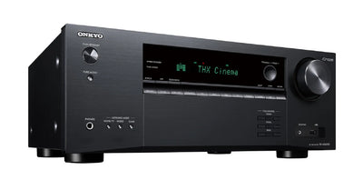 Receiver AV Onkyo TX-NR6100 negru, vedere frontală-dreapta, afișaj THX Cinema, buton volum mare.