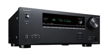 Receiver AV Onkyo TX-NR6100 negru, vedere frontală-dreapta, afișaj THX Cinema, buton volum mare.