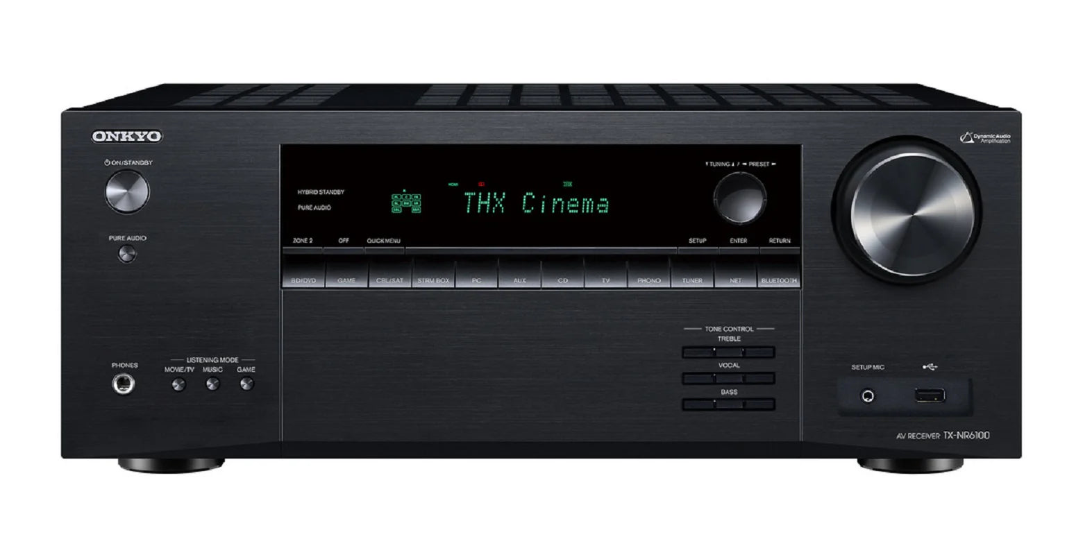 Receiver AV Onkyo TX-NR6100 negru, vedere frontală cu afișaj THX Cinema, buton volum, port USB, HDMI.