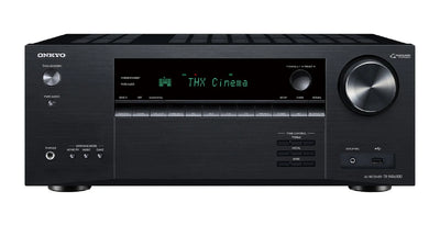 Receiver AV Onkyo TX-NR6100 negru, vedere frontală cu afișaj THX Cinema, buton volum, port USB, HDMI.