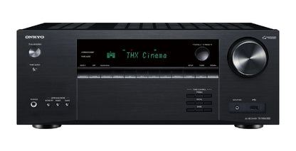 Receiver AV Onkyo TX-NR6100 negru, vedere frontală cu afișaj THX Cinema, buton volum, port USB, HDMI.